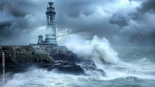 Stormy seas batter a rugged lighthouse on rocky coastline, a picturesque scene of nature's fury and architectural resilience