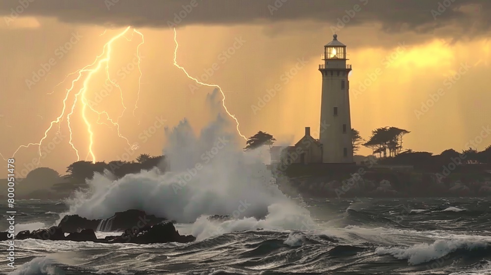 Dramatic seascape with towering waves crashing against a lighthouse during a storm