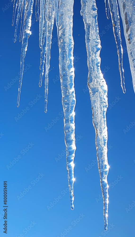 Fototapeta premium Icicles hanging and forming on the edge of a roof during cold winter weather conditions