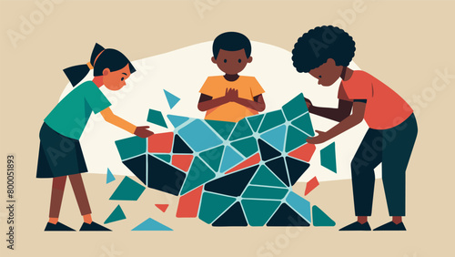 Children working together to create a large mosaic mural using pieces of broken glass representing the broken chains of slavery and the resilience of. Vector illustration