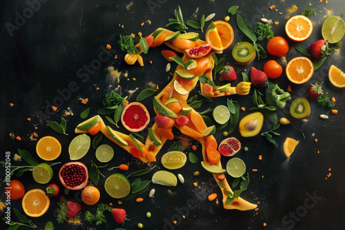 Illustration of a running man made up of pieces of fruits and vegetables on black background. Healthy food concept