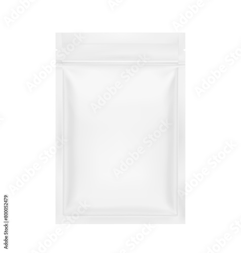 Resealable mylar bag mockup with zip lock and tear notch. Realistic vector illustration isolated on white background. Flat lay view. Packaging for cosmetic, food, pet. Ready for your design. EPS10.