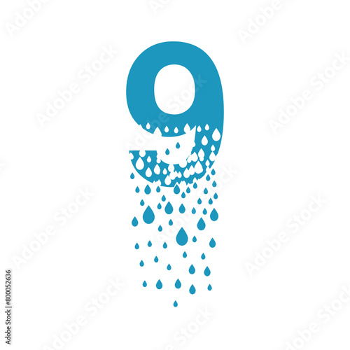 The number 9 dissolves into droplets. Drops of liquid fall out as precipitation. Destruction effect. Dispersion