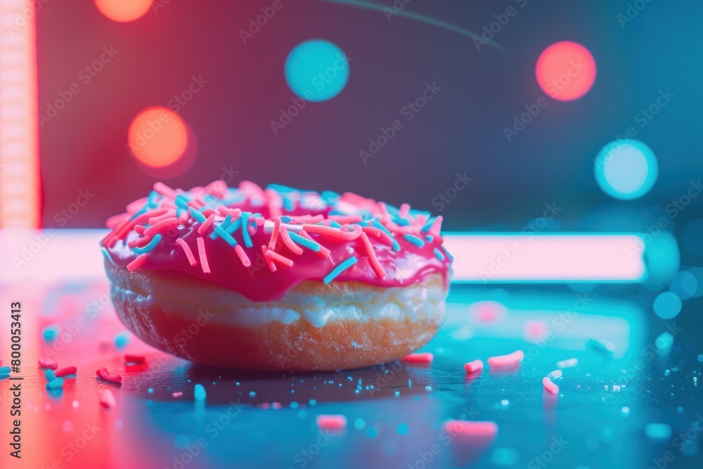 Vibrant neon lights cast a dramatic glow on a donut with red icing, suggesting nightlife and urban flavor Vibrant neon lights cast a dramatic glow on a donut with red icing, suggesting nightlife and urban flavor
