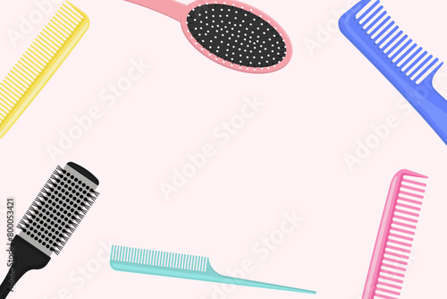 Various combs hairdressing vector background. Hair care, combing, styling concept.