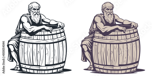 An elderly ancient Greek man sits next to a barrel of wine. Vector illustration