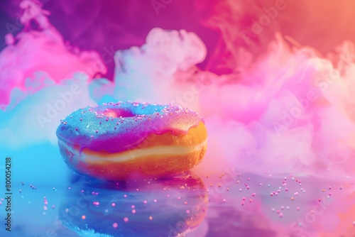 A vivid image capturing a sprinkled doughnut surrounded by whimsical smoke and neon hues, invoking a magical sensation photo