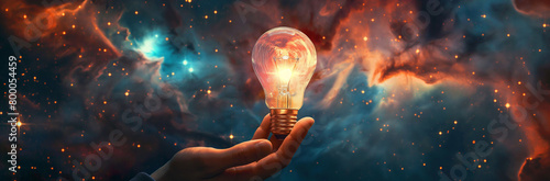 A symbolic image of innovation and inspiration, showcasing a hand holding a lightbulb that glows against a cosmic backdrop photo