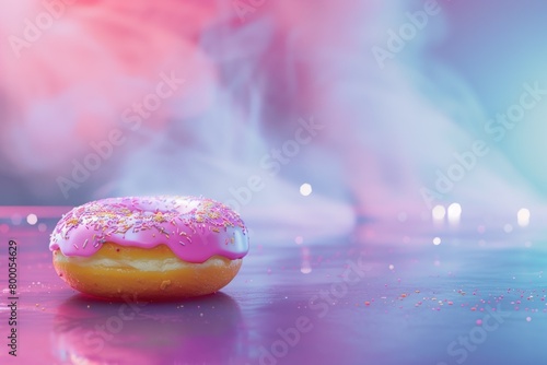 A soft focus on a pink glazed donut creates an ethereal, dreamlike effect, complemented by a delicate pink mistful background photo