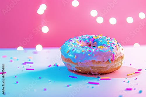 A solo pink sprinkled donut against a vibrant pink background with light effects, highlighting its delightful aesthetics