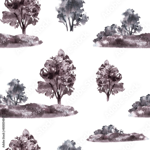 Landscape with field  meadow  bushes  trees  hills seamless pattern. Watercolor monochromatic vintage rural nature clipart for packaging label Hand draw illustration. Isolated white background