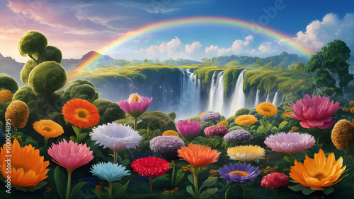 waterfall surrounded by colorful flowers and a rainbow in the sky