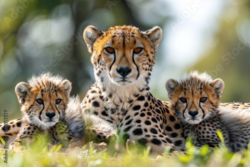 a mother cheetah and her cubs resting in the shade, their sleek bodies and spots blending with the grassy surveying the savannah from atop a termite mound at dusk, embodying the solitude
