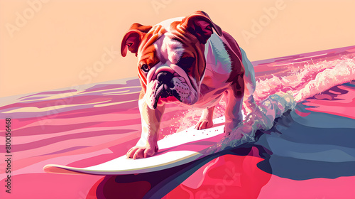 A young Bulldog surfing waves, creating vibrant splashes in the ocean. pink colots. generative AI photo