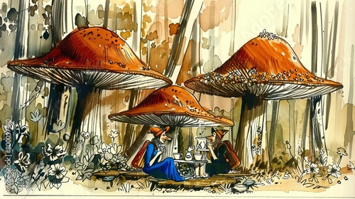 Enchanting watercolor illustration of a whimsical tea party under mushroom umbrellas in a forest