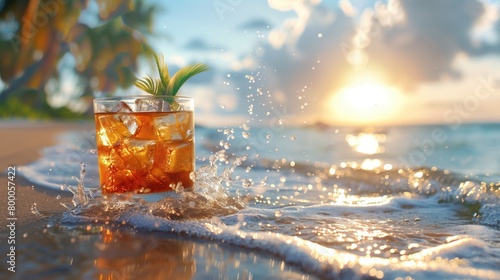 A bright cocktail with ice in a tall glass against the backdrop of a tropical beach. Concept  advertising of beach bars  resort holidays and tourist services