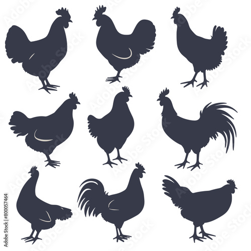 A collection of farm fowl silhouettes including chickens and roosters