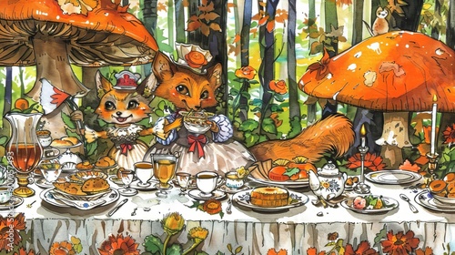 Enchanting watercolor illustration of a whimsical tea party under mushroom umbrellas in a forest