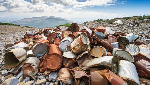 Symbolfoto, viele leere Konservendosen, teilweise zerdrückt, rostig, schmutzig, liegen in der Landschaft