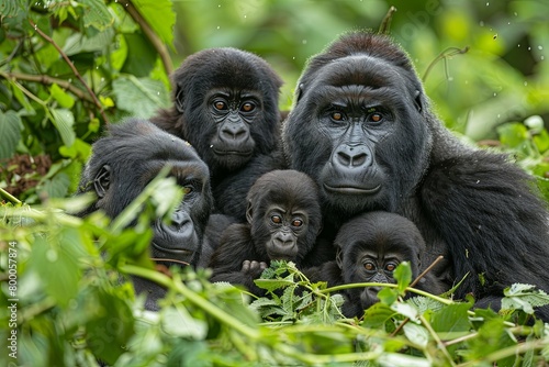  A family of gorillas nestled together in the lush greenery of their natural habitat © Sittipol 