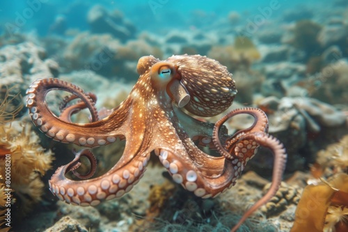 octopus swimming on the seabed. under the deep blue sea.