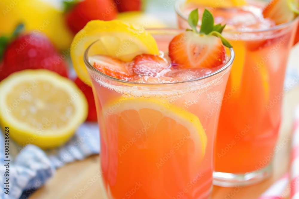 A glass of pink lemonade with a strawberry on top A glass of pink lemonade with a strawberry on top