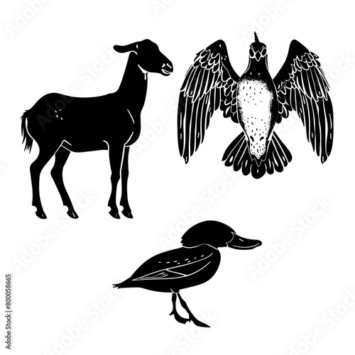 A black and white silhouette of a farmyard scene with a goat, a duck, and a bird