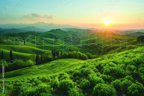 Against a backdrop of rolling hills and lush greenery  the graph climbs steadily upwards  mirroring the growth and prosperity of the agricultural sector. Economy and agriculture concept