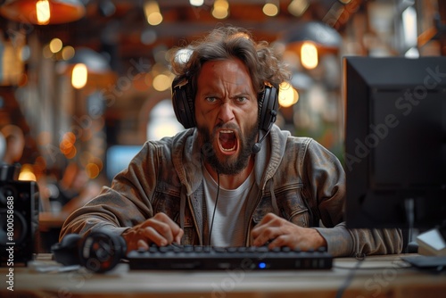 An angry commentator sits at a computer and writes anger, comments in internet or make angry review. photo