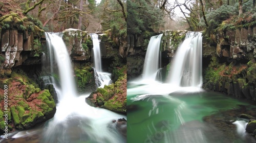 Twin waterfalls in a serene forest setting  a majestic display of natural beauty