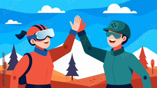 Two friends highfive each other as they successfully complete a virtual reality simulation of the Battle of Bunker Hill feeling the rush and. Vector illustration