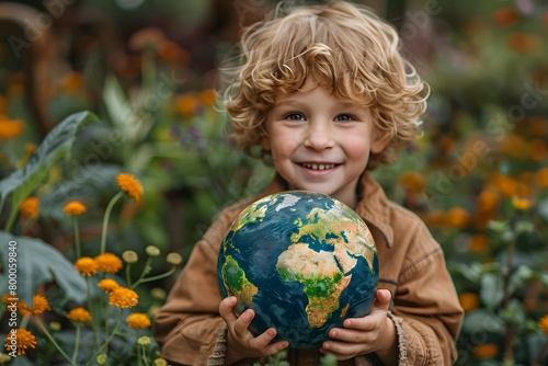 Cheerful Boy Holding a Globe in Blooming Garden