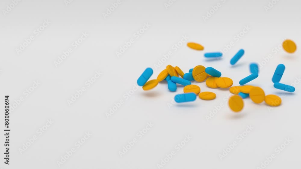 Blue and orange tablets falling on white background in slow motion. Drugs, pills, tablets, medicine concept. 3d render animation Blue and orange tablets falling on white background in slow motion. Drugs, pills, tablets, medicine concept. 3d render animation