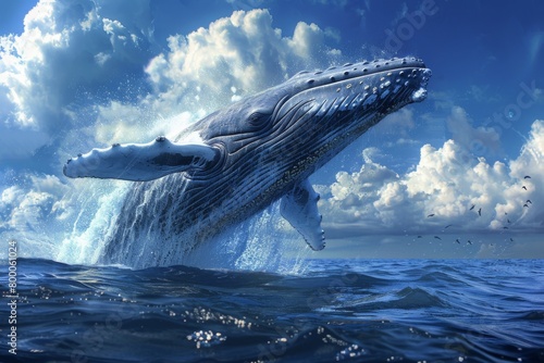 A Baby Humpback Whale Plays Near the Surface in Blue Water,Humpback whale jumping out of the water in Australia. The whale is spraying water and ready to fall on its back. © Sittipol 