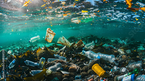 beautiful beach and blue sea polluted by waste plastic, dolphins and turtles in a polluted ocean conditions