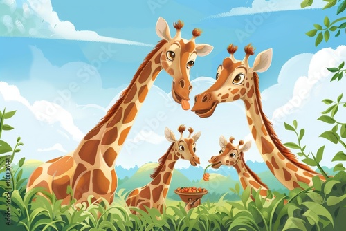 Giraffe parents and their two children enjoying a meal together in the wild. Illustration.