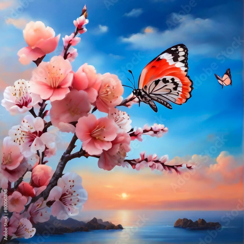Floral background of tropical orchids and butterfly 