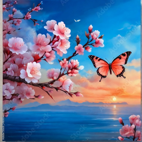 Floral background of tropical orchids and butterfly 