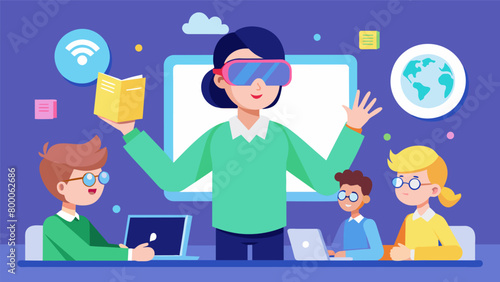 A teacher utilizing virtual reality simulations to engage and teach students with sensory processing disorders.. Vector illustration