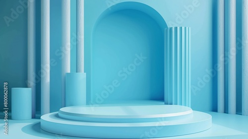 Realistic 3D blue and white cylinder pedestal podium with blue curtain in arch shape window background. Abstract minimal scene for products stage showcase, Promotion display. Vector geometric form.
