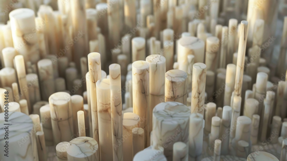 Visualize an abstract cityscape constructed from cool-toned marble cylinders, 3D render of abstract marble pillars of varying heights on a plain background Visualize an abstract cityscape constructed from cool-toned marble cylinders, 3D render of abstract marble pillars of varying heights on a plain background