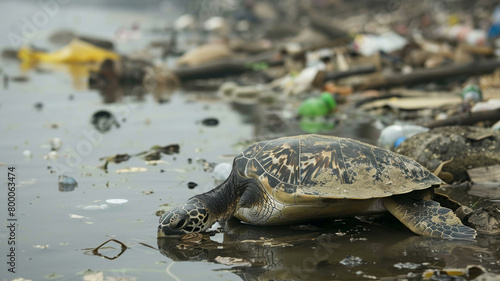 beautiful beach and blue sea polluted by waste plastic, dolphins and turtles in a polluted ocean conditions