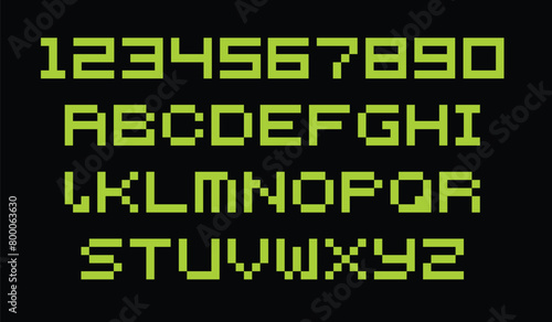 Pixel game font. Arcade alphabet symbols, retro console text elements, 80s type letters. Vector computer and video game comic letter set. Illustration of game alphabet pixel