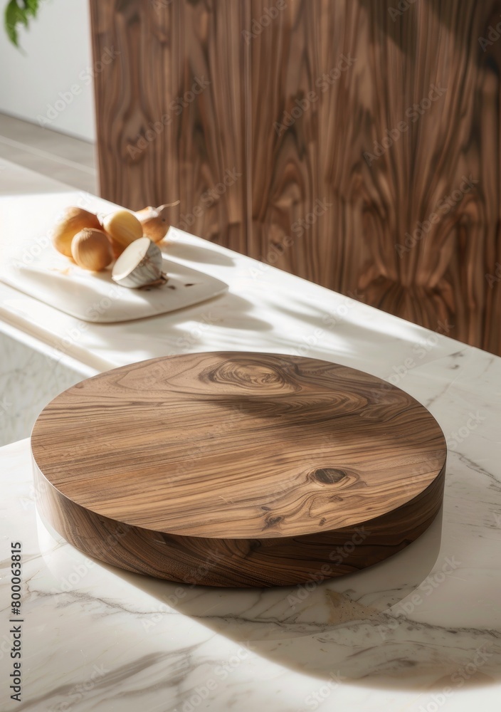 Medical Elegance: Rounded Wood Base on White Marble Counter
