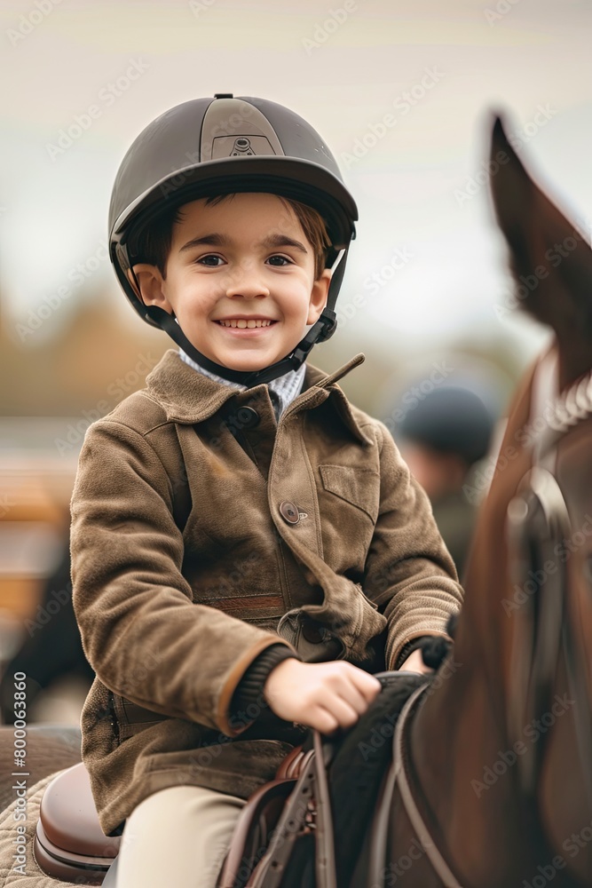 the boy is learning to ride horses. selective focus the boy is learning to ride horses. selective focus