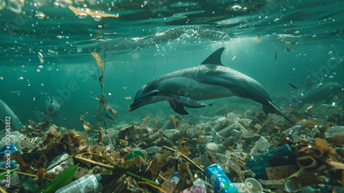beautiful beach and blue sea polluted by waste plastic, dolphins and turtles in a polluted ocean conditions © rafliand