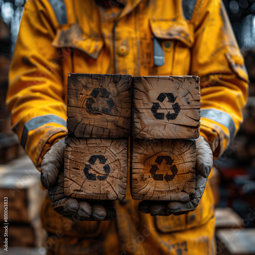 manos sujetando figuras forma de cubos de madera, símbolo reciclaje, concepto de economía circular, trabajador  medios sostenibles natural tecnologías disruptivas renovables