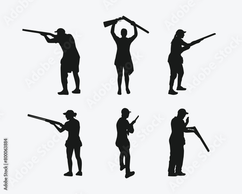 shotgun shooting sport silhouette collection set. shooting competition, clay target, skeet shooting, hunting. vector illustration.