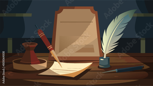 The Declaration of Independence written in elegant cursive with a wellworn quill laid out on a wooden desk in a dimly lit study.. Vector illustration