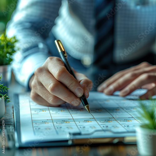 manos hombre escribiendo sobre papel blanco cronograma actividades, tiempos, cambios o modificaciones manuales de control y seguimiento, tonos claros